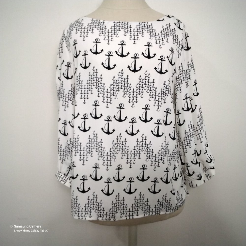Pink Owl Nautical 3/4 Sleeve Cream & Black Anchor Slipover Blouse NWT Various Sz